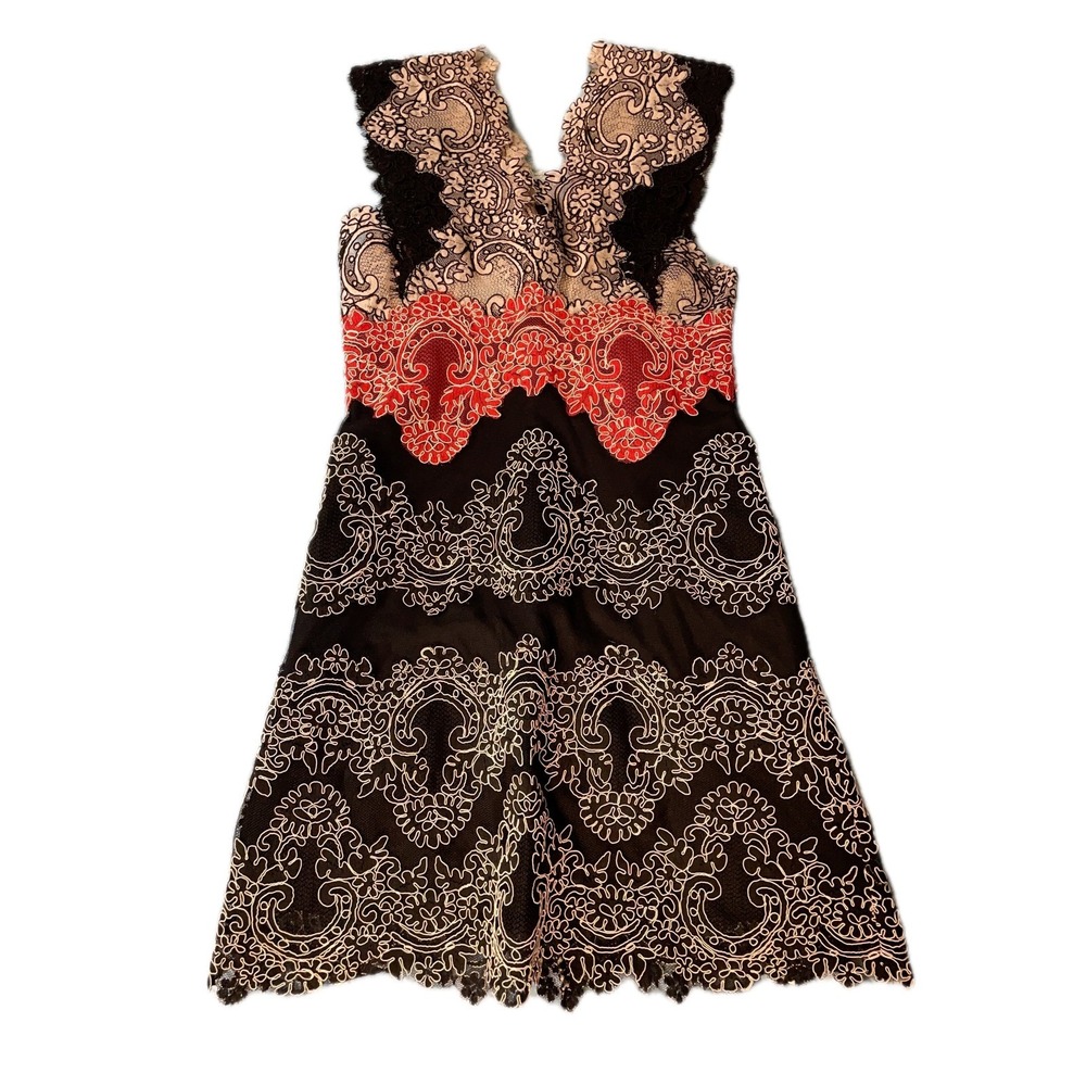 Sandro Paris Lace Overlay V Neck Dress Red Black Women's Size Small - Picture 2 of 6